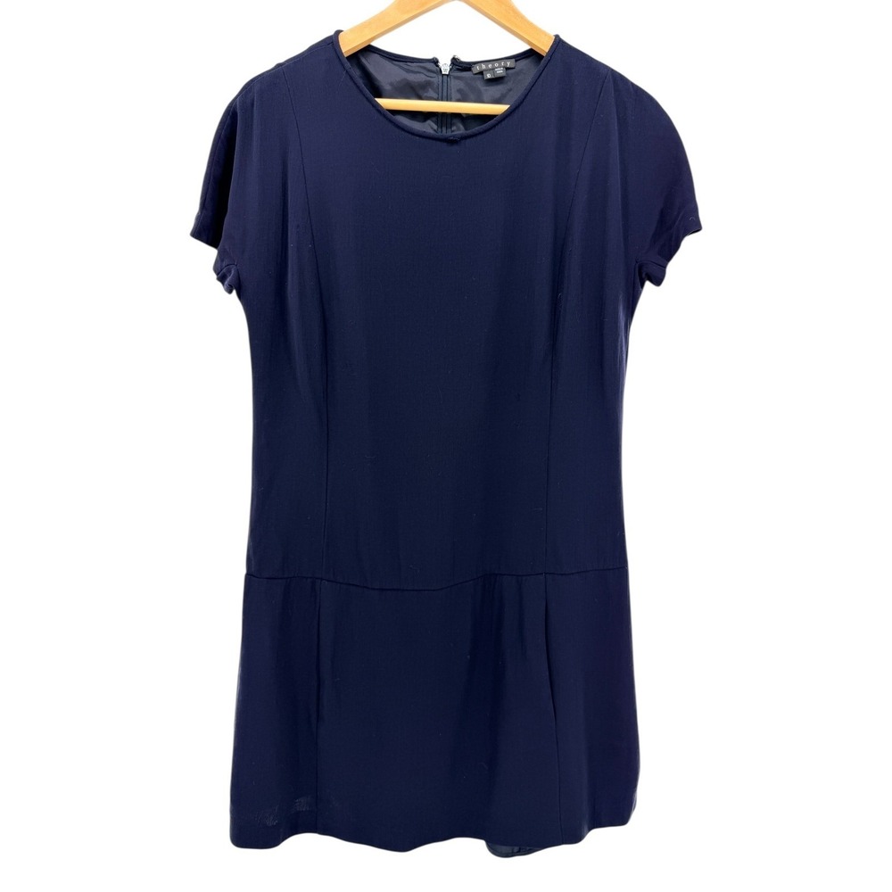 Theory Arlinda Dress Size 10 Navy Wool Blend Short Sleeve Sheath Minimalist‎
